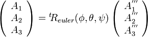  
\left( \begin{array} {c} A_1 \\ A_2 \\ A_3\end{array}\right) =
{}^t\!R_{euler}(\phi, \theta, \psi)
\left( \begin{array} {c} A^{'''}_1 \\ A^{'''}_2 \\ A^{'''}_3\end{array}\right)
