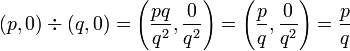 (p, 0) \div (q, 0) = \left(  \frac{pq}{q^2},  \frac{0}{q^2} \right) = \left(  \frac{p}{q},  \frac{0}{q^2} \right) = \frac{p}{q} 