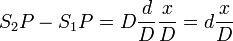 
\begin{align}
S_2P-S_1P &= D\frac{d}{D}\frac{x}{D}=d\frac{x}{D}
\end{align}
